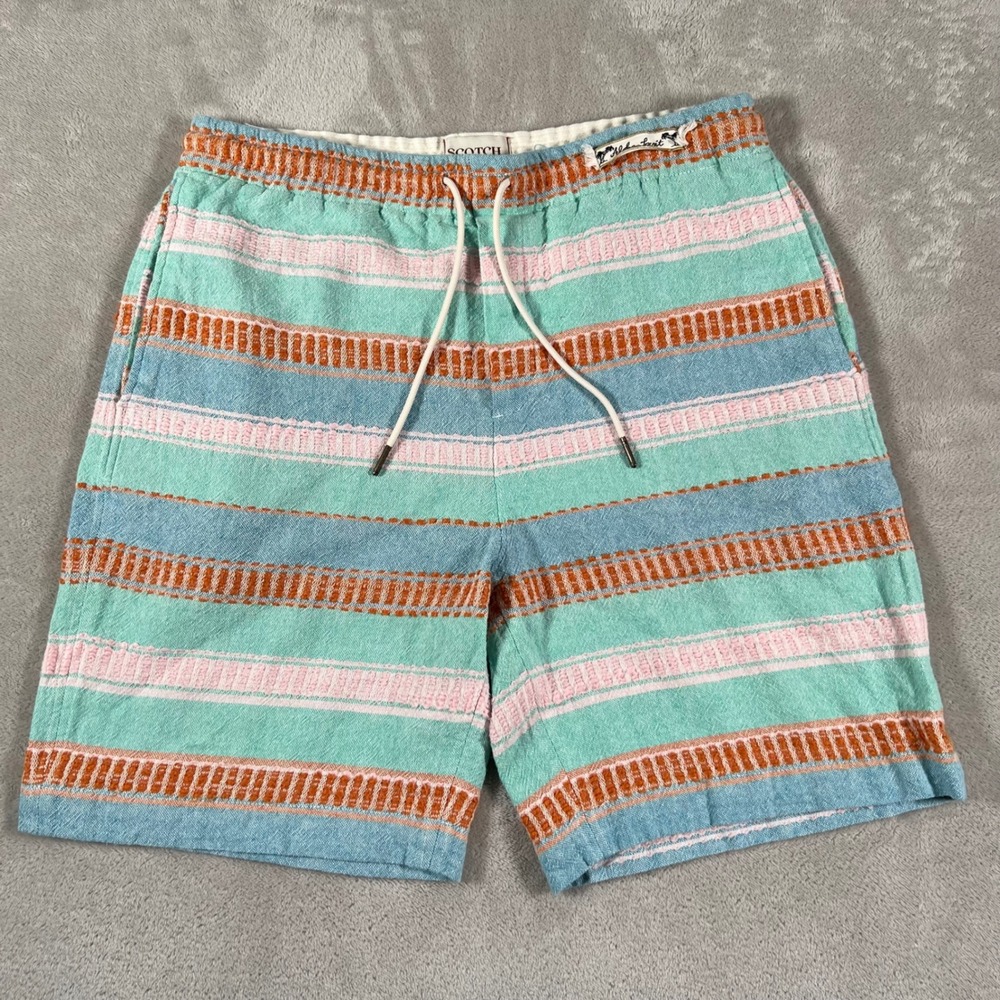 Scotch & Soda Aloha Spirit Striped Linen Blend Shorts Teal Pink Orange Men's XL